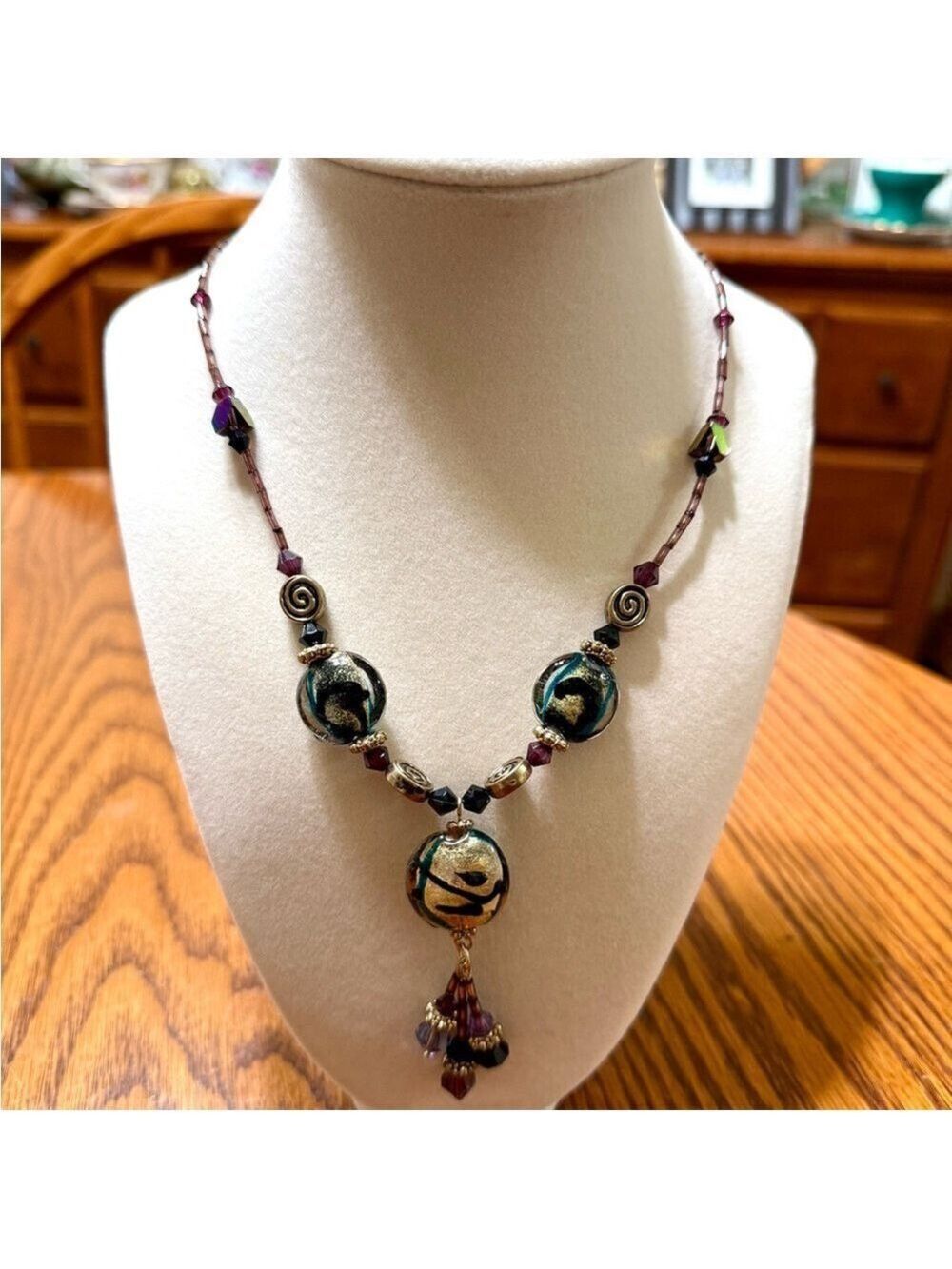 Vintage Yousi Beaded Necklace Gold Purple Glass Beads